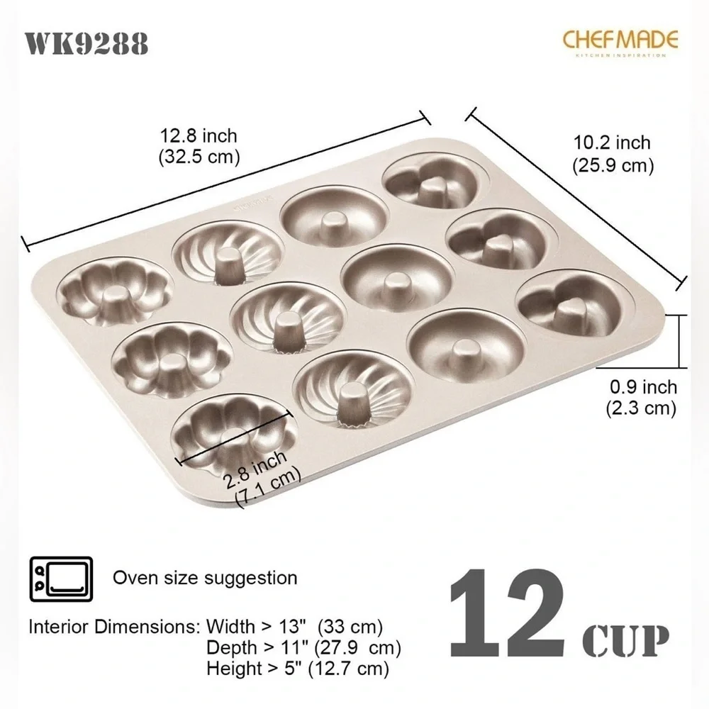 CHEFMADE Non-Stick 12-Cavity Donut Cake Pan – Champagne Gold